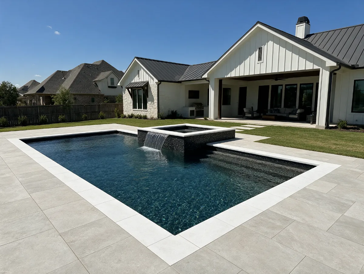 Custom pool with raised spa and porcelain deck