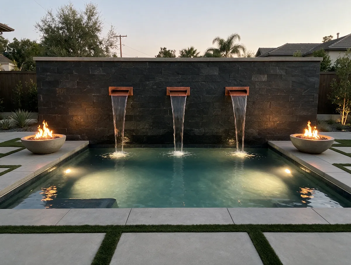 Fire and water feature wall with scuppers
