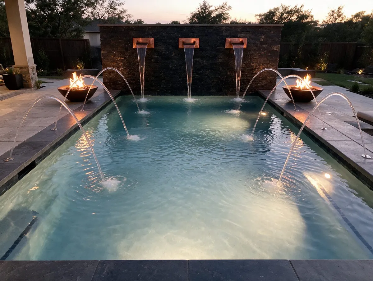 Pool scuppers and fire bowls at twilight