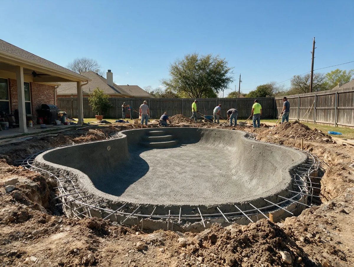 Gunite pool shell under construction with steel rebar