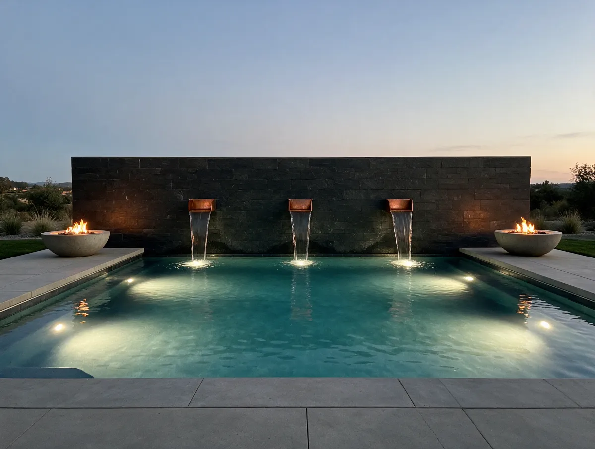 Modern pool with copper scuppers and fire bowls
