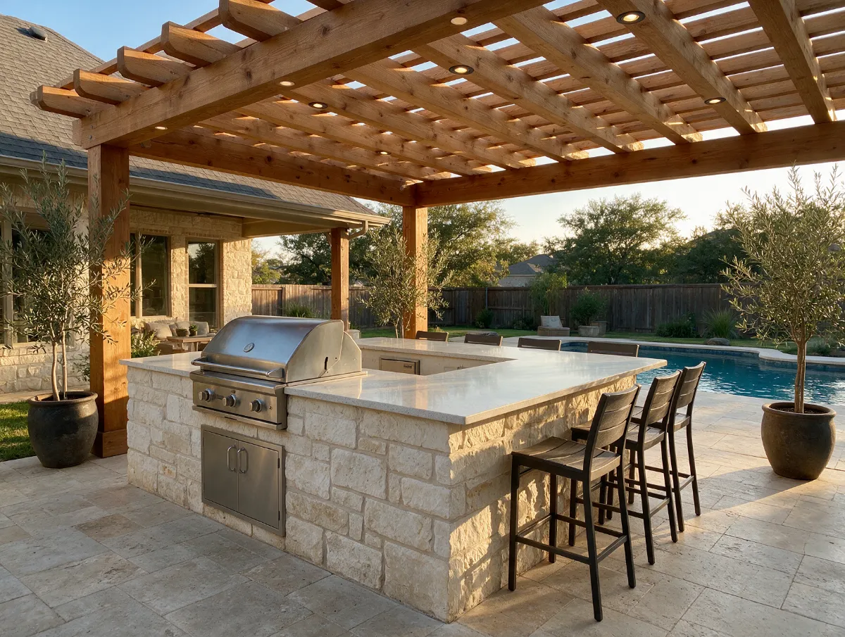 Outdoor kitchen with limestone island and cedar pergola