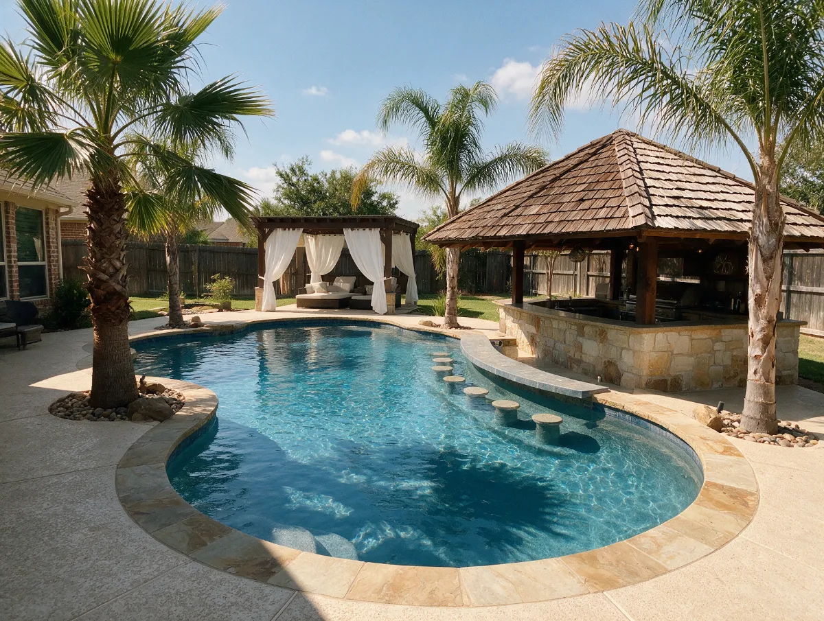 Resort style pool with swim up bar and cabana