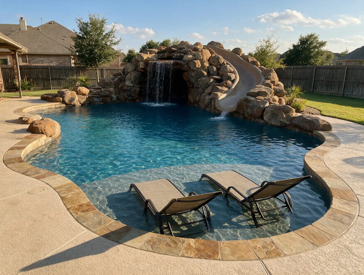 Rock grotto waterfall with sun shelf loungers