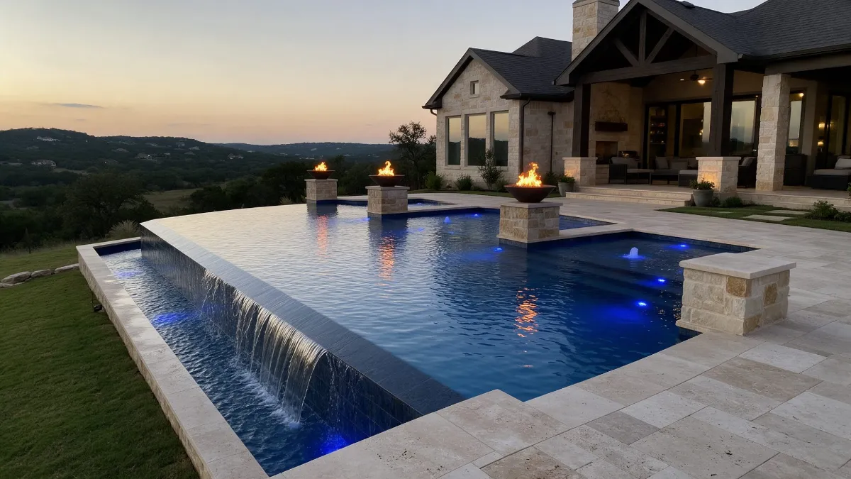 Vanishing edge pool with fire bowls at dusk